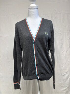 Lacoste Charcoal V-Neck Cardigan with Blue and Orange Trim